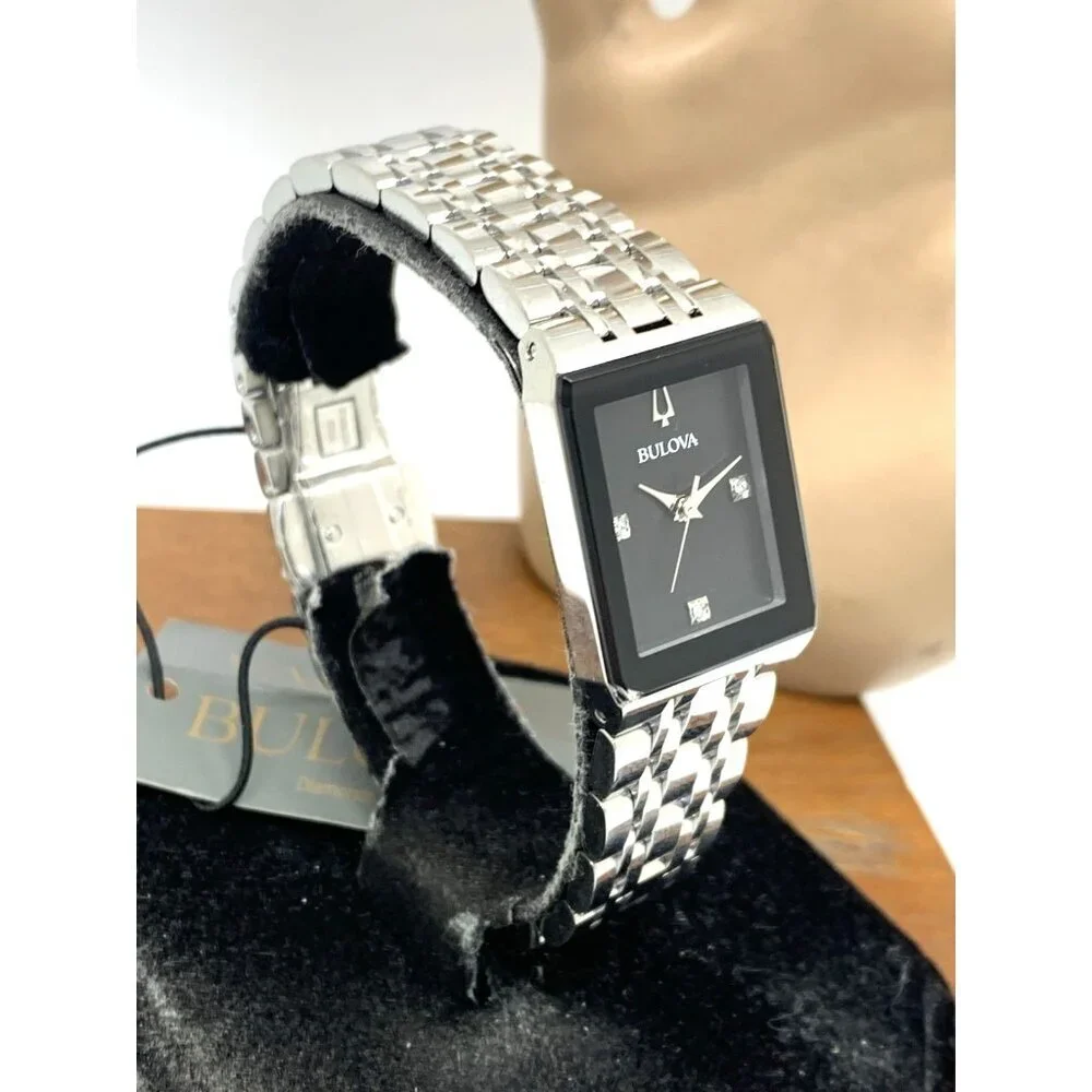 Bulova Women's Watch 96P202 Quartz Black Dial Diamond Quadra Silver Steel CHIP